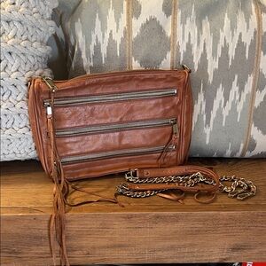 Rebecca Minkoff Tan Leather Clutch Crossbody Bag with Gold Detail ✨